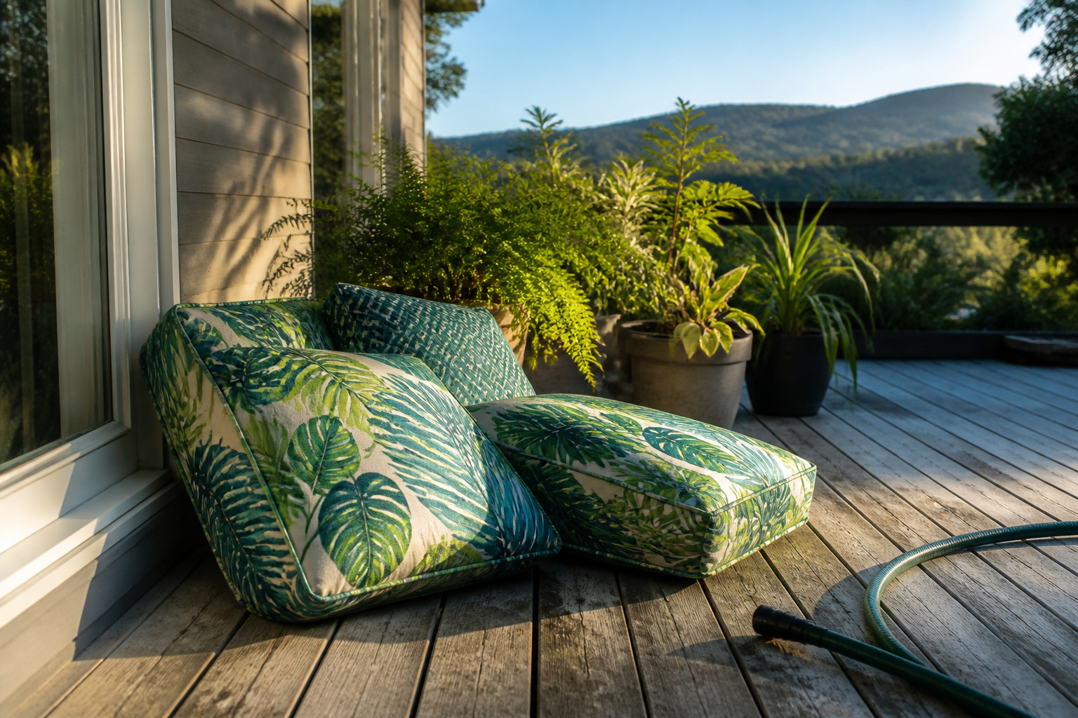 A collection of patio cushions showing dirt and wear.