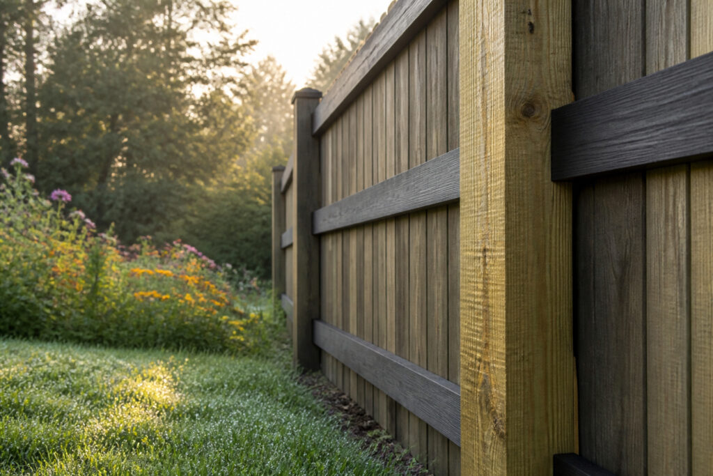 Different types of backyard fences displayed in a landscaped area.