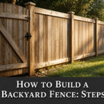 A newly built wooden fence surrounding a backyard.