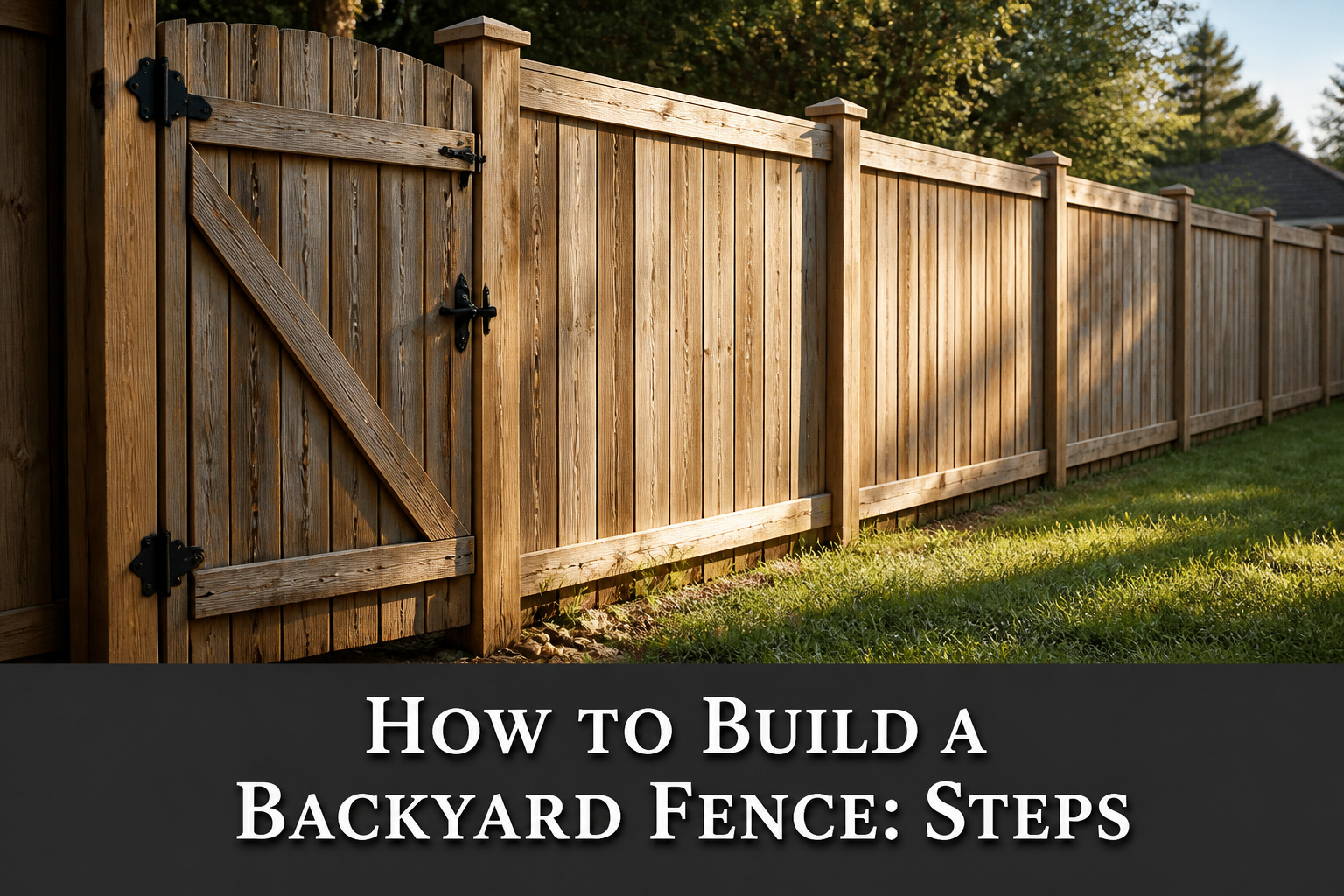 A newly built wooden fence surrounding a backyard.