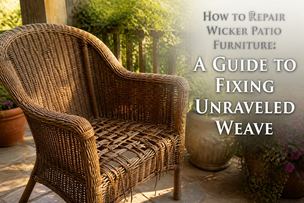 Sharp scissors and a utility knife next to frayed wicker on a wooden table.