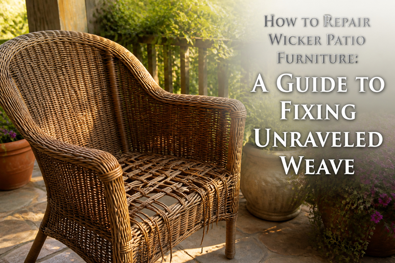 Sharp scissors and a utility knife next to frayed wicker on a wooden table.