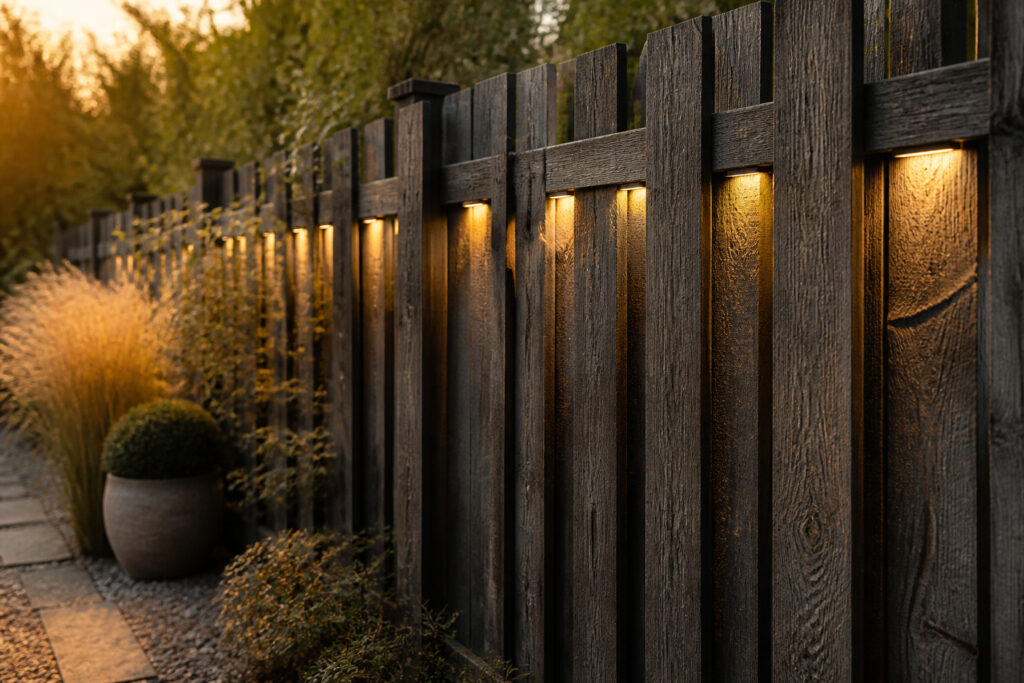 Collage of various outdoor fence lighting ideas and designs.