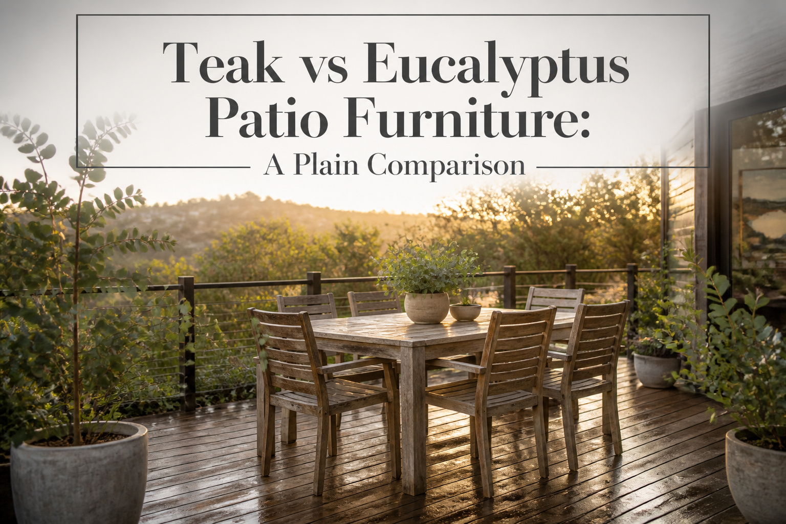 Teak and eucalyptus patio furniture displayed on a rustic wooden deck.
