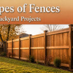 Collage of different types of fences in various backyard settings.