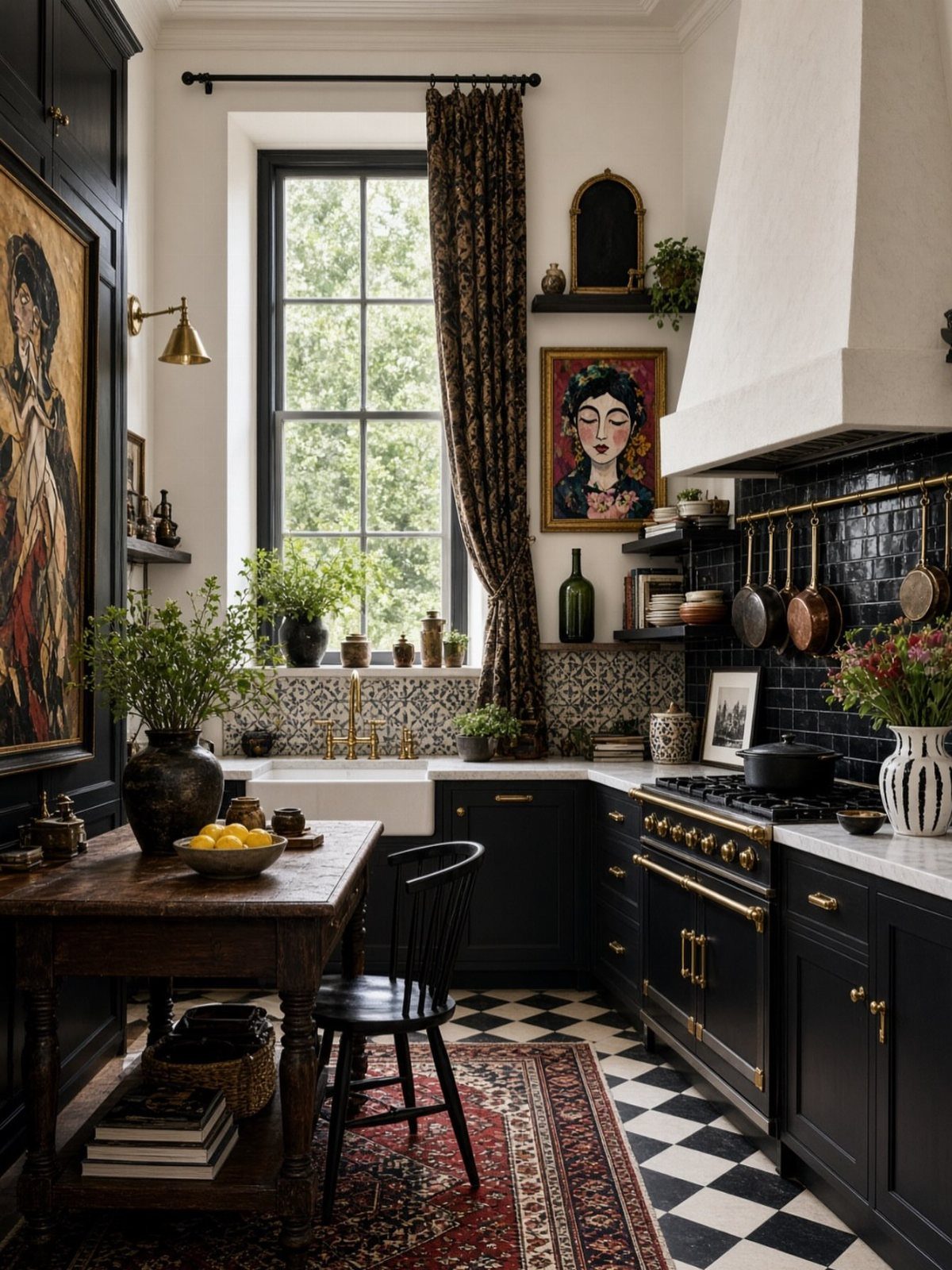 Kitchen with black cabinets, checkered floors, and a wooden table in vintage style.