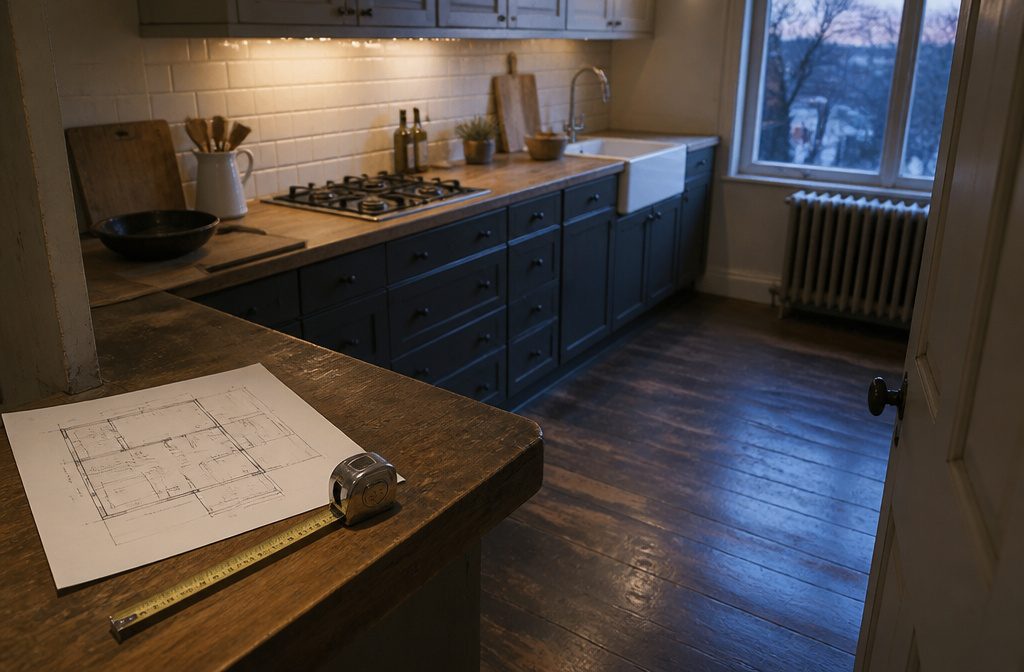 Three-dimensional kitchen layout with cabinets, appliances, counters, and finished walls