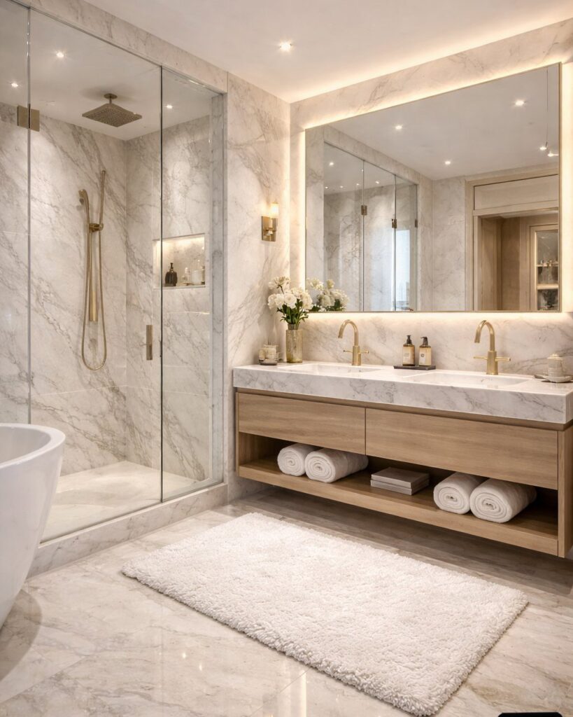 Integrated marble sink and countertop on a wooden vanity in a luxury bathroom.