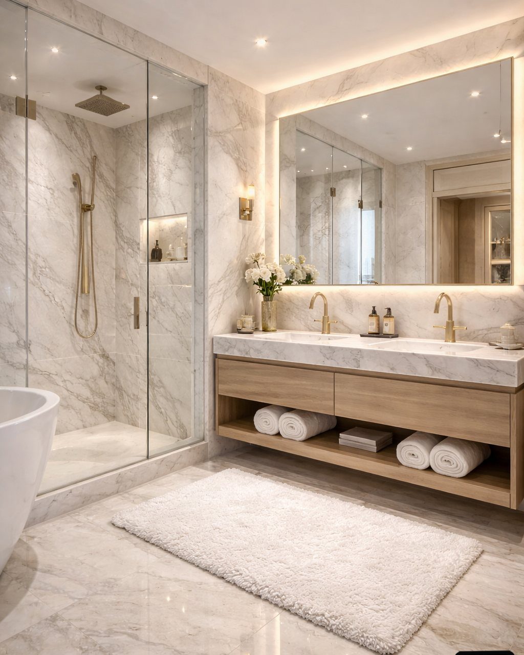 Integrated marble sink and countertop on a wooden vanity in a luxury bathroom.