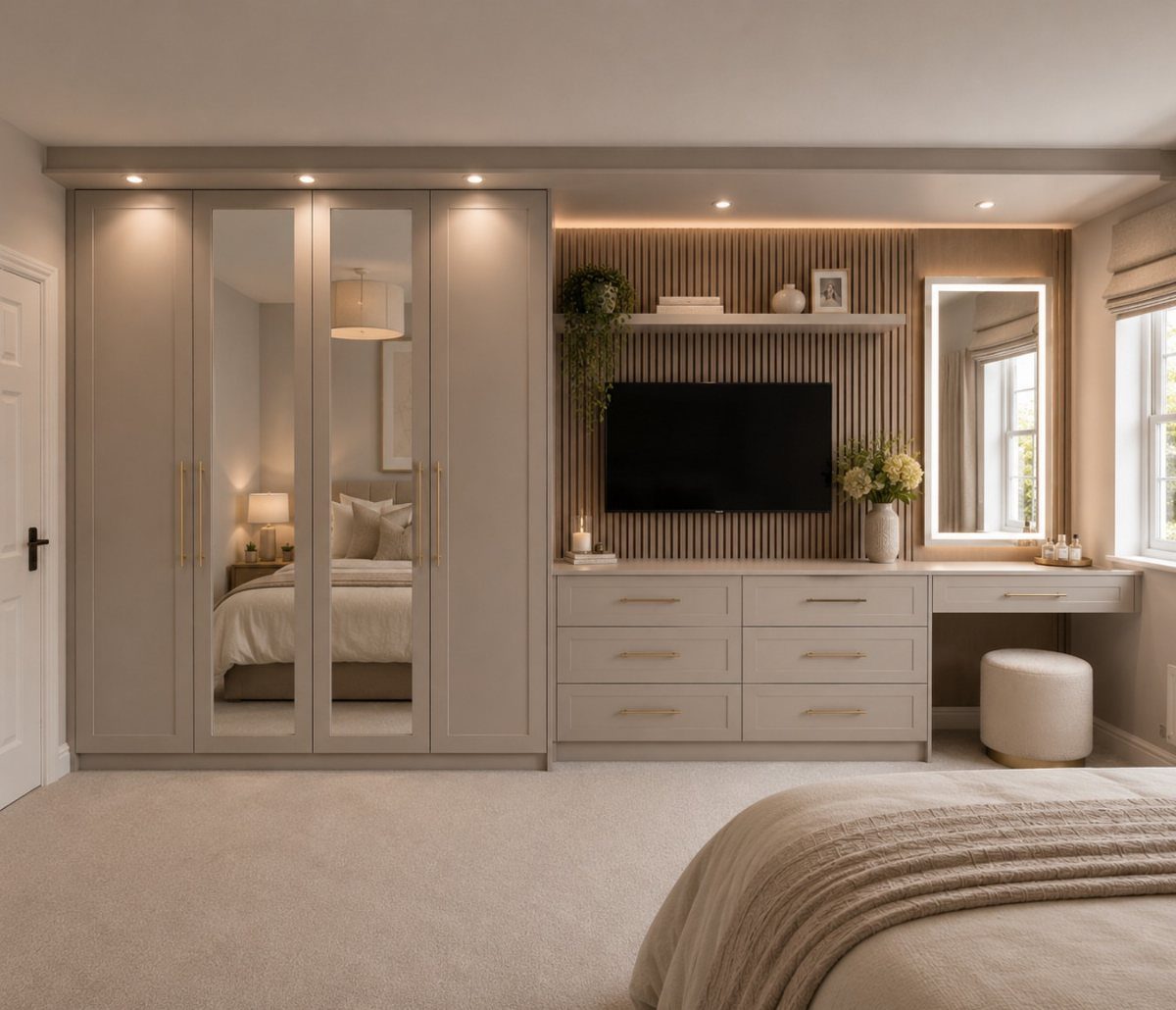 Built-in taupe wardrobe with mirrored doors and matching vanity in a modern bedroom.