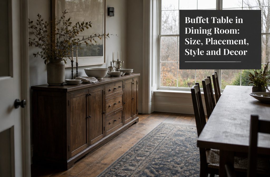 Gray-brown maple buffet with visible grain and a dark steel base beside a dining table