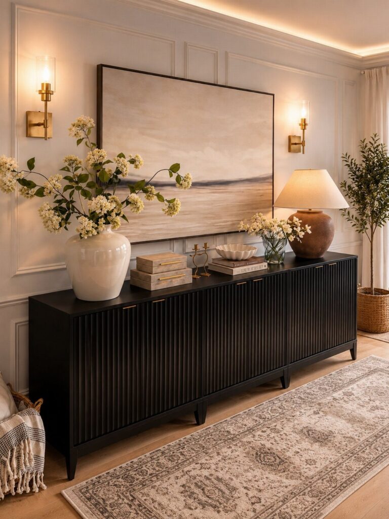 Black fluted console table with a white vase and lamp against a paneled wall.