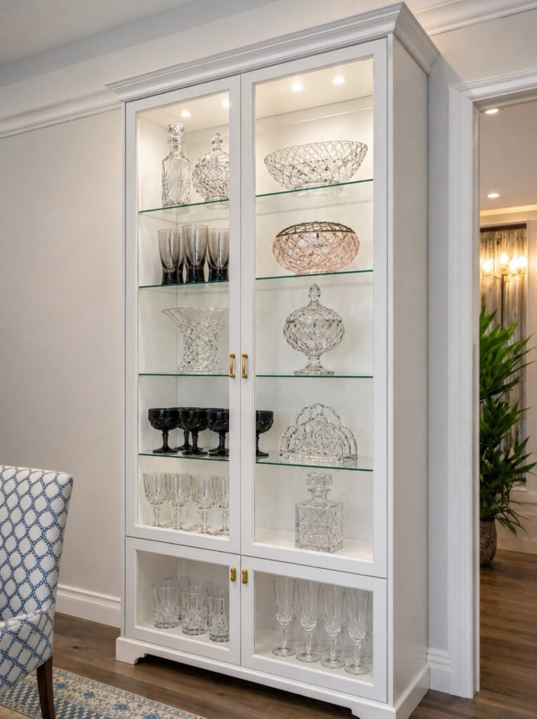 White wooden hutch with glass doors displaying crystal glassware in a dining room.