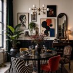 Moody dining room with black ceiling, eclectic colorful chairs, and gold sputnik chandelier.