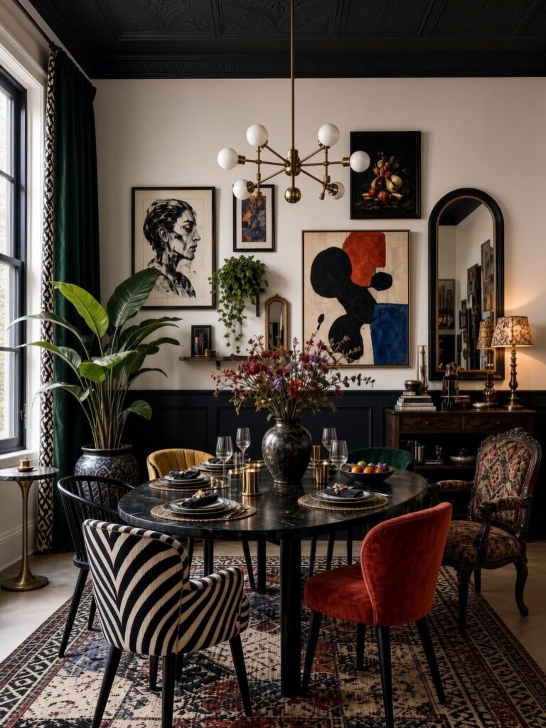 Moody dining room with black ceiling, eclectic colorful chairs, and gold sputnik chandelier.