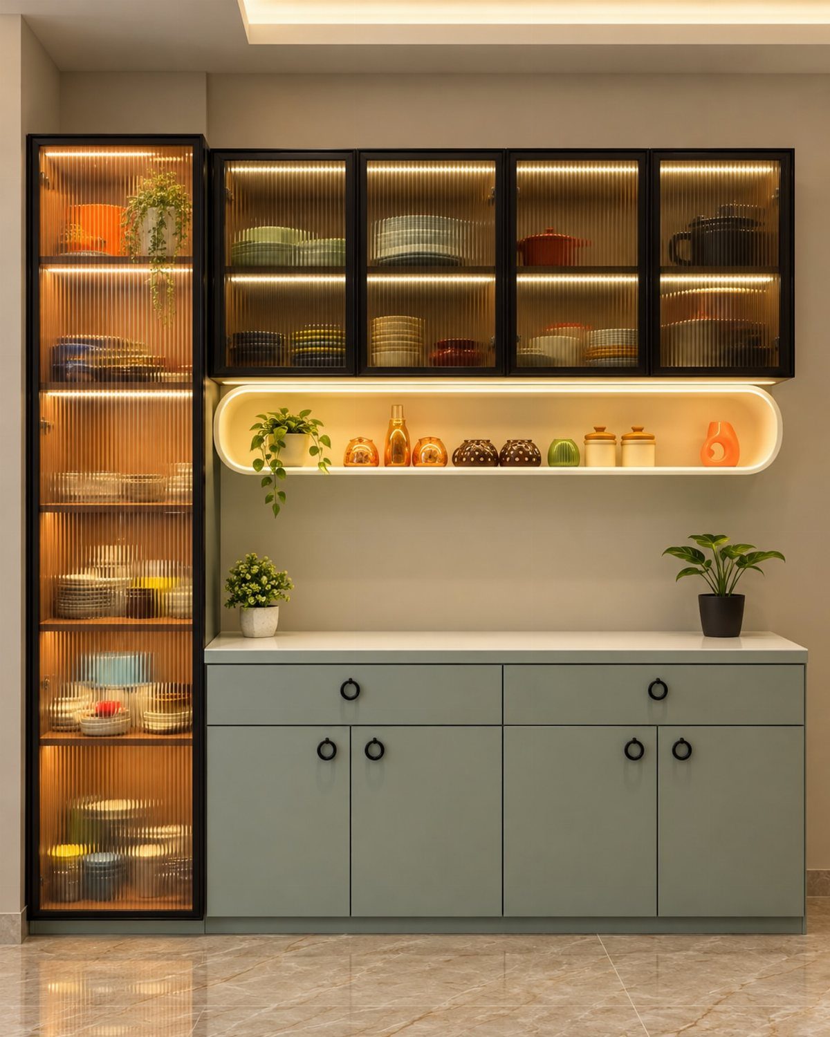 Modern sage green kitchen cabinets with ribbed glass upper doors and warm interior lighting.