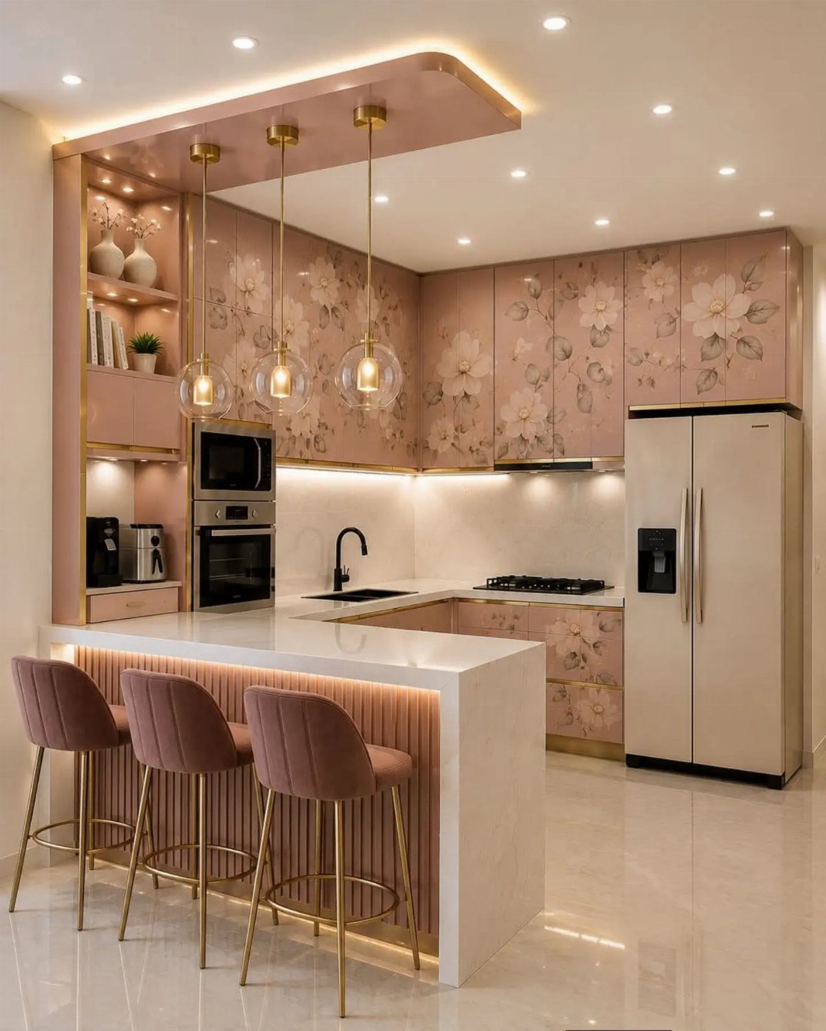 Rose gold and pink kitchen cabinets with floral patterns and white quartz countertops.
