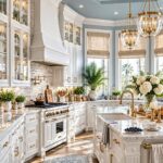 White shaker cabinets and marble countertops in a kitchen with light blue walls.