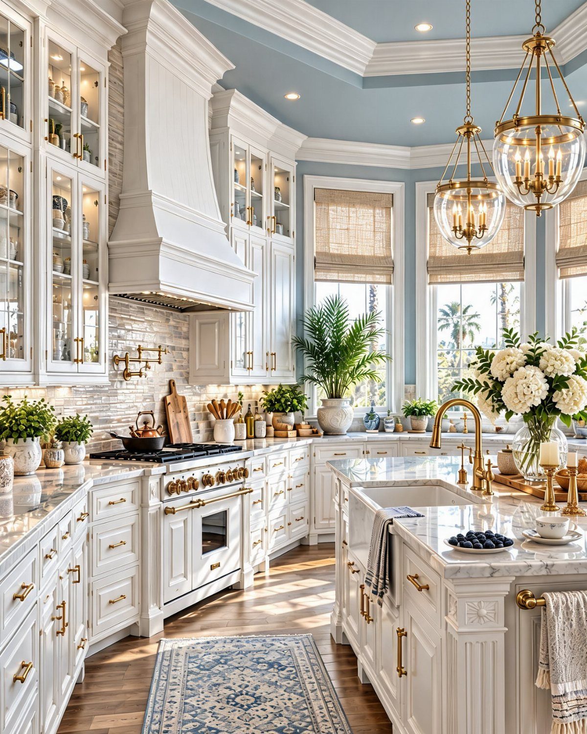 White shaker cabinets and marble countertops in a kitchen with light blue walls.