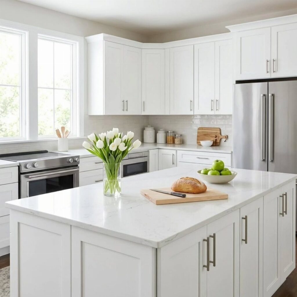 White kitchen with marble countertops, white cabinets, and a central island with tulips.