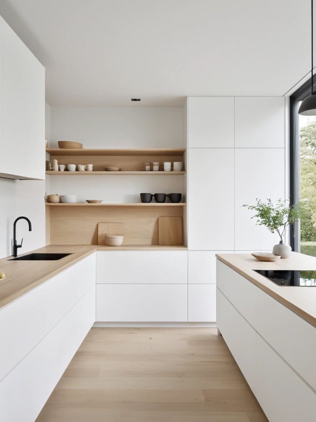 Minimalist Scandinavian kitchen with white cabinets, light wood countertops, and open shelving.