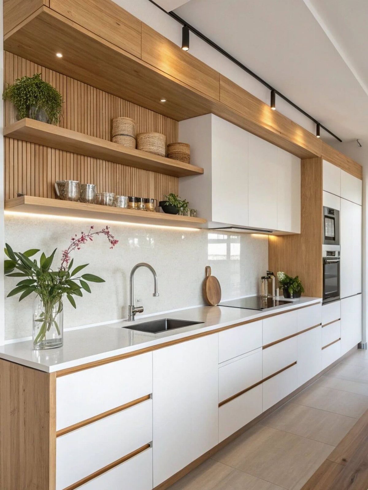 Modern kitchen with white and light wood cabinets and white countertops.