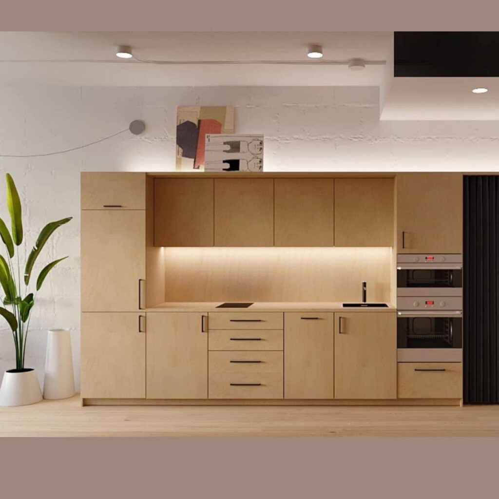 Modern one wall kitchen layout with light wood cabinets and built-in ovens.