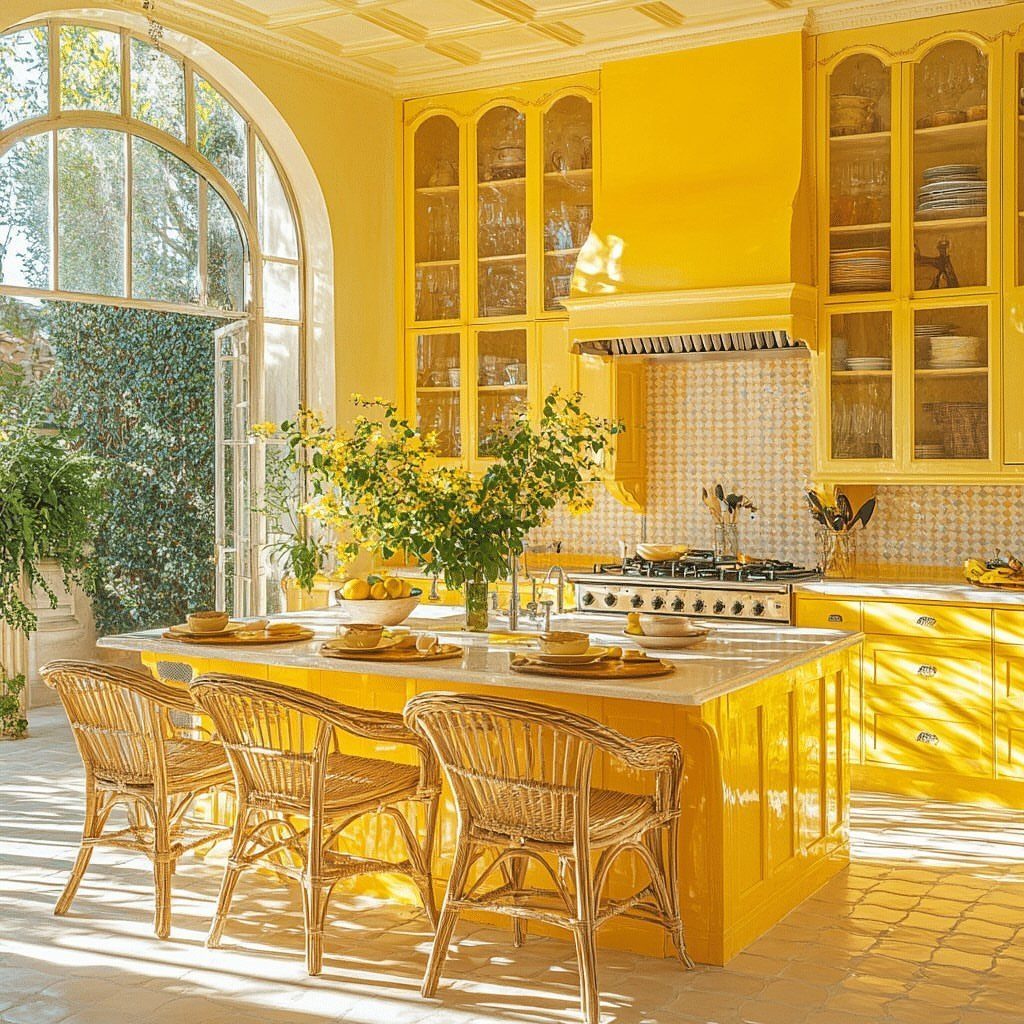 Yellow kitchen island with white countertop and wicker chairs in a sunny room.