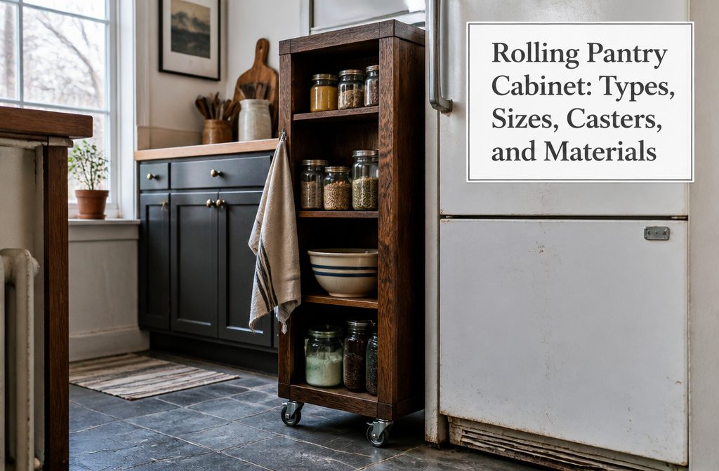 Rolling pantry cabinet stocked with food beside a kitchen counter