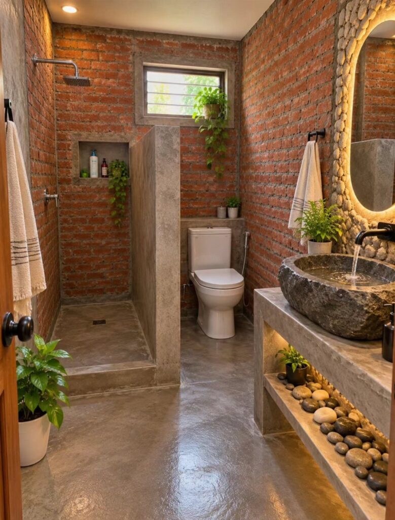 Rustic bathroom with red brick walls, concrete floors, and a stone vessel sink.