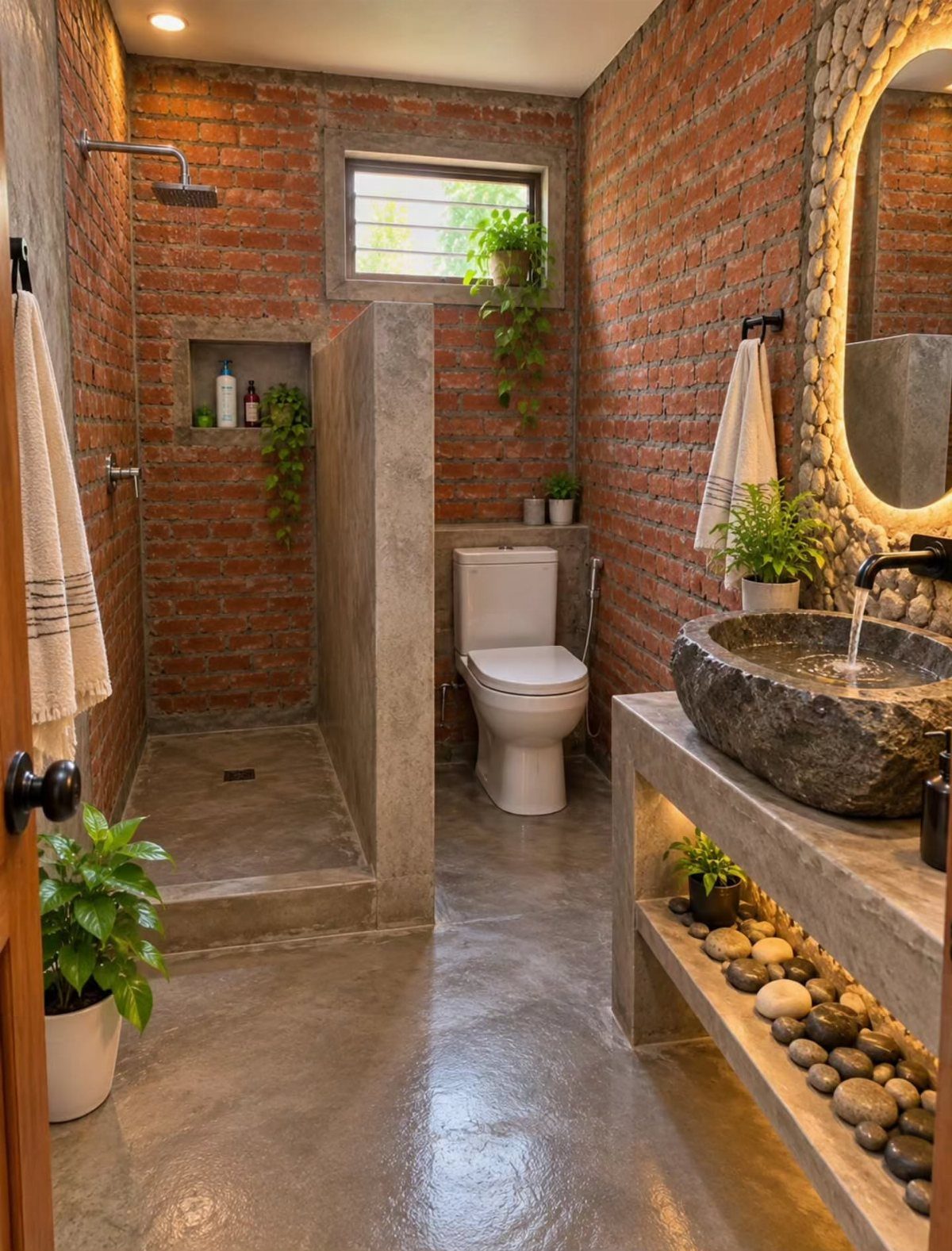 Rustic bathroom with red brick walls, concrete floors, and a stone vessel sink.