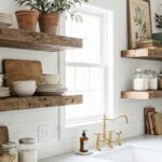 Rustic wooden floating shelves in a white kitchen with terracotta pots and ceramics.