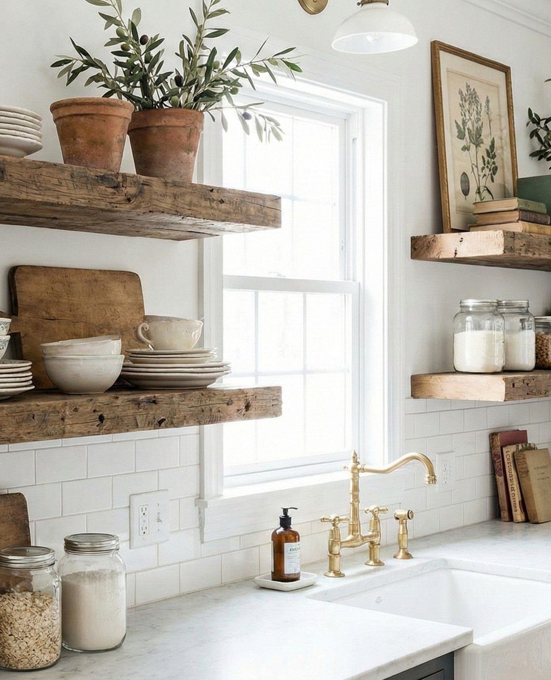Rustic wooden floating shelves in a white kitchen with terracotta pots and ceramics.
