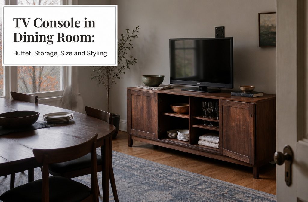 Dining-room TV console with serving dishes arranged on top beside a dining table