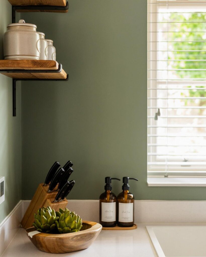 Sage green kitchen wall with wooden shelves, white countertop, and fresh artichokes.